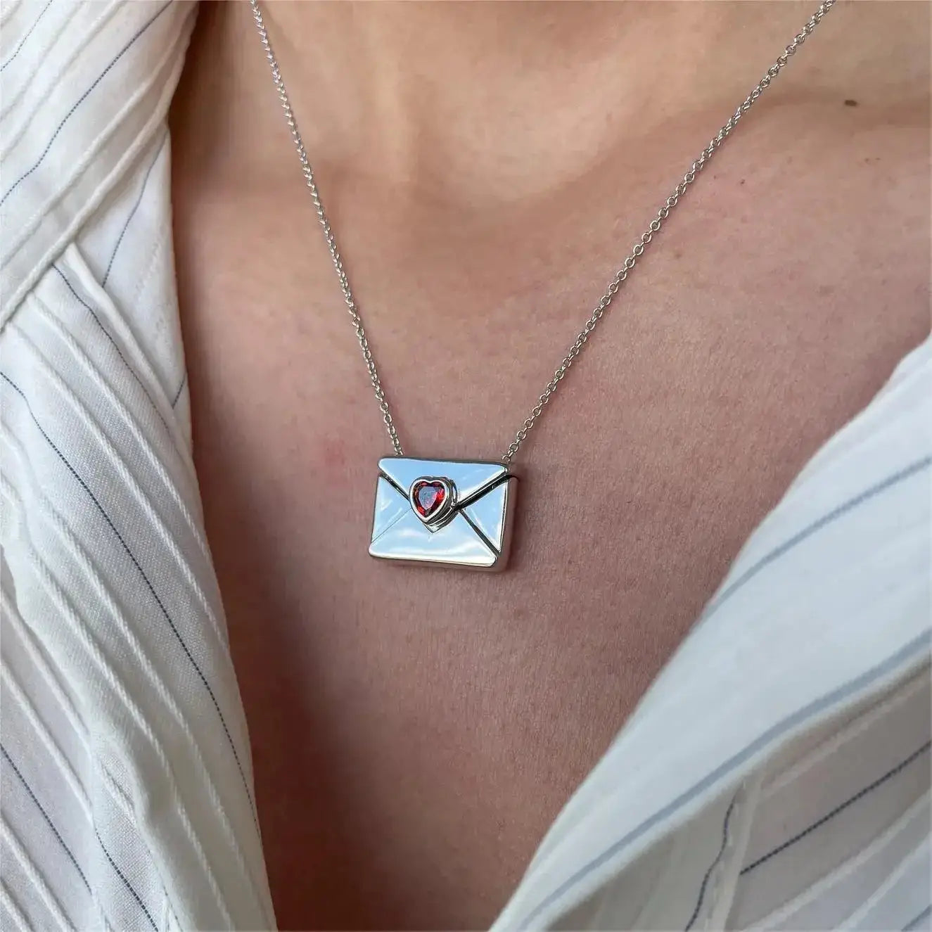 Copper Envelope Necklace Inlaid With Red Hearts Design