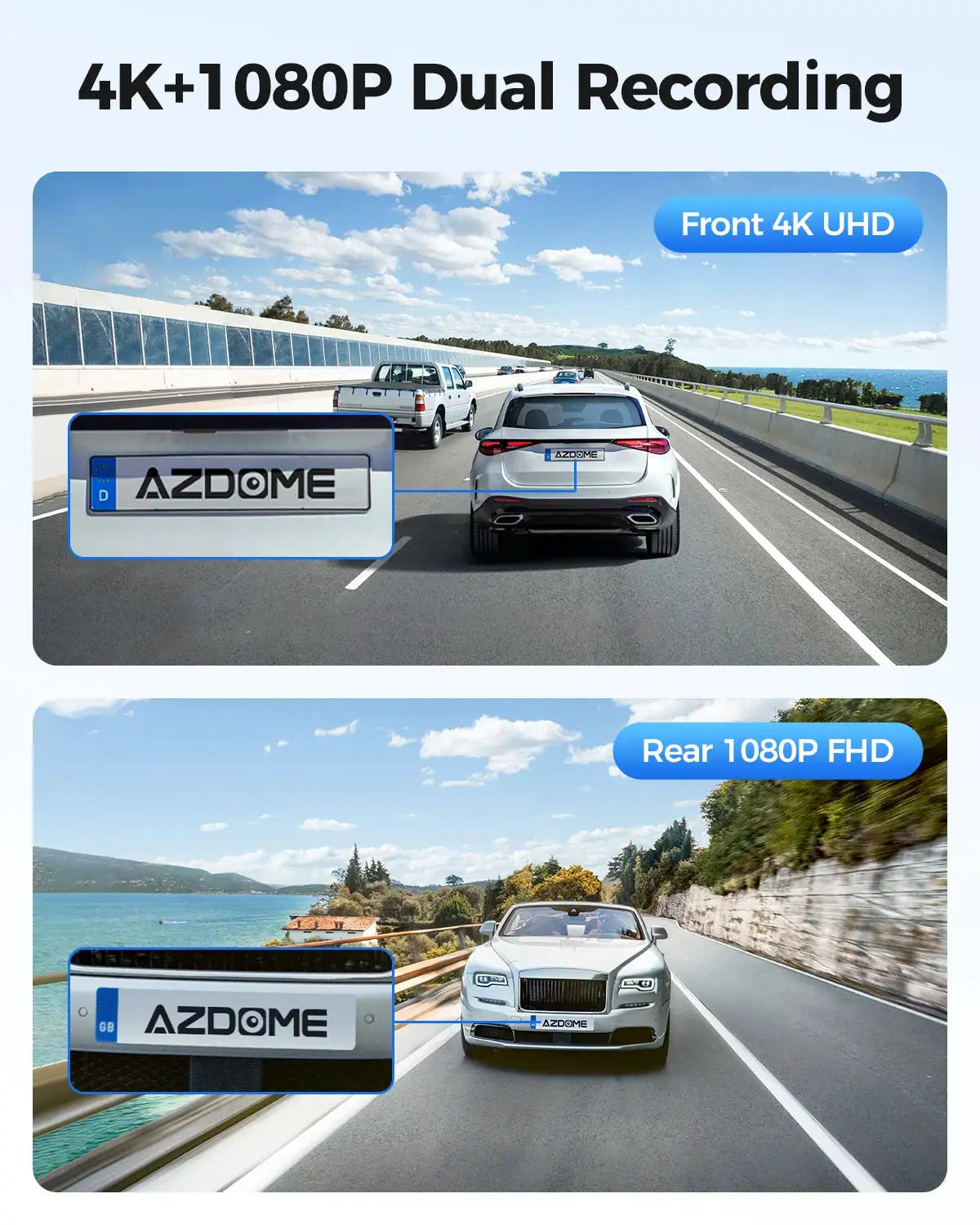 AZDOME M300S 4K Dash Cam Front and Rear, Built-in ADAS WiFi GPS Dash Camera for Cars, Free 64GB Card, Voice Control, Night Visio