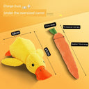 Large Dog Self-Hi Corgi Consumes Small Yellow Duck Toy