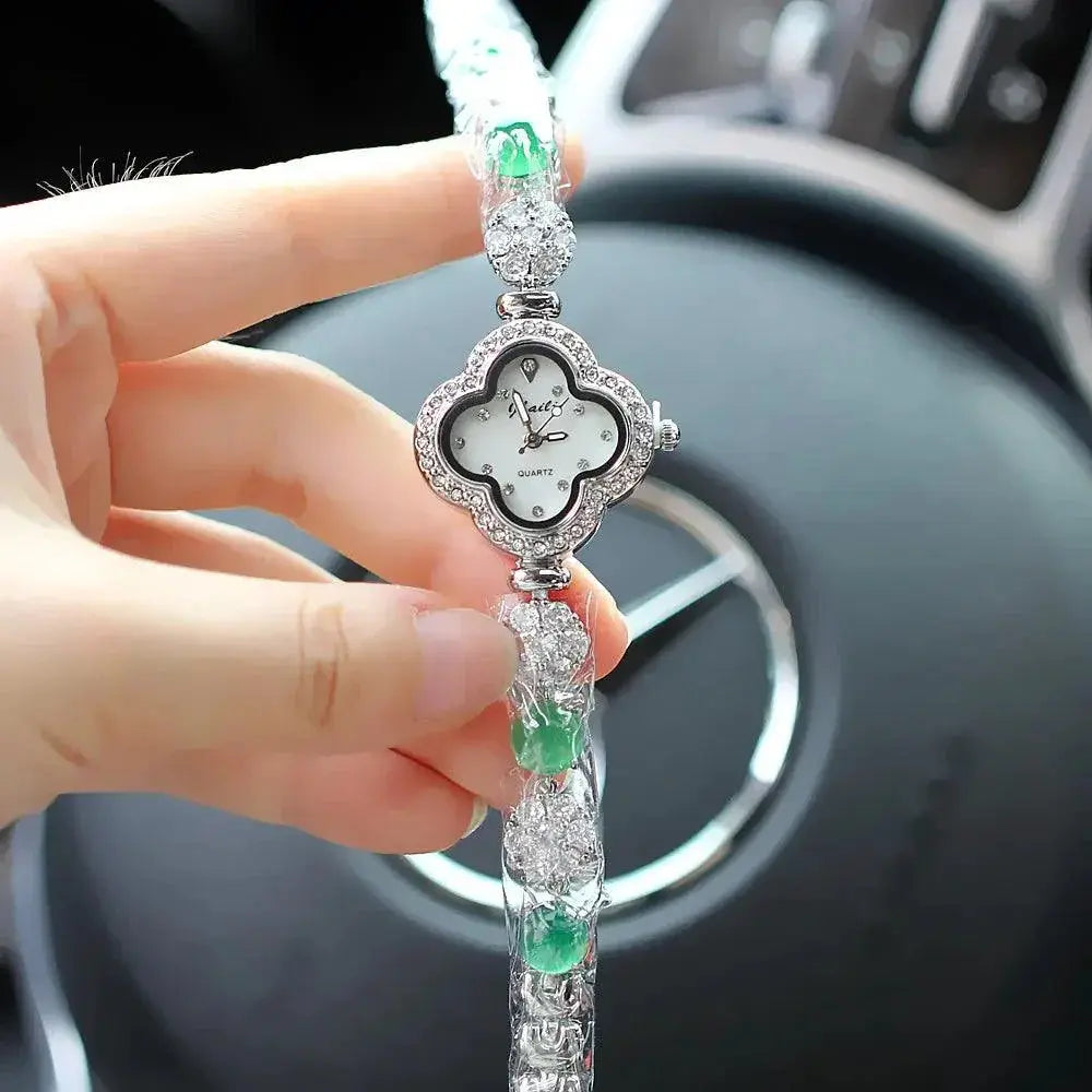 Luxury Womens Watch Elegant Diamond Pearl Clover Timepiece