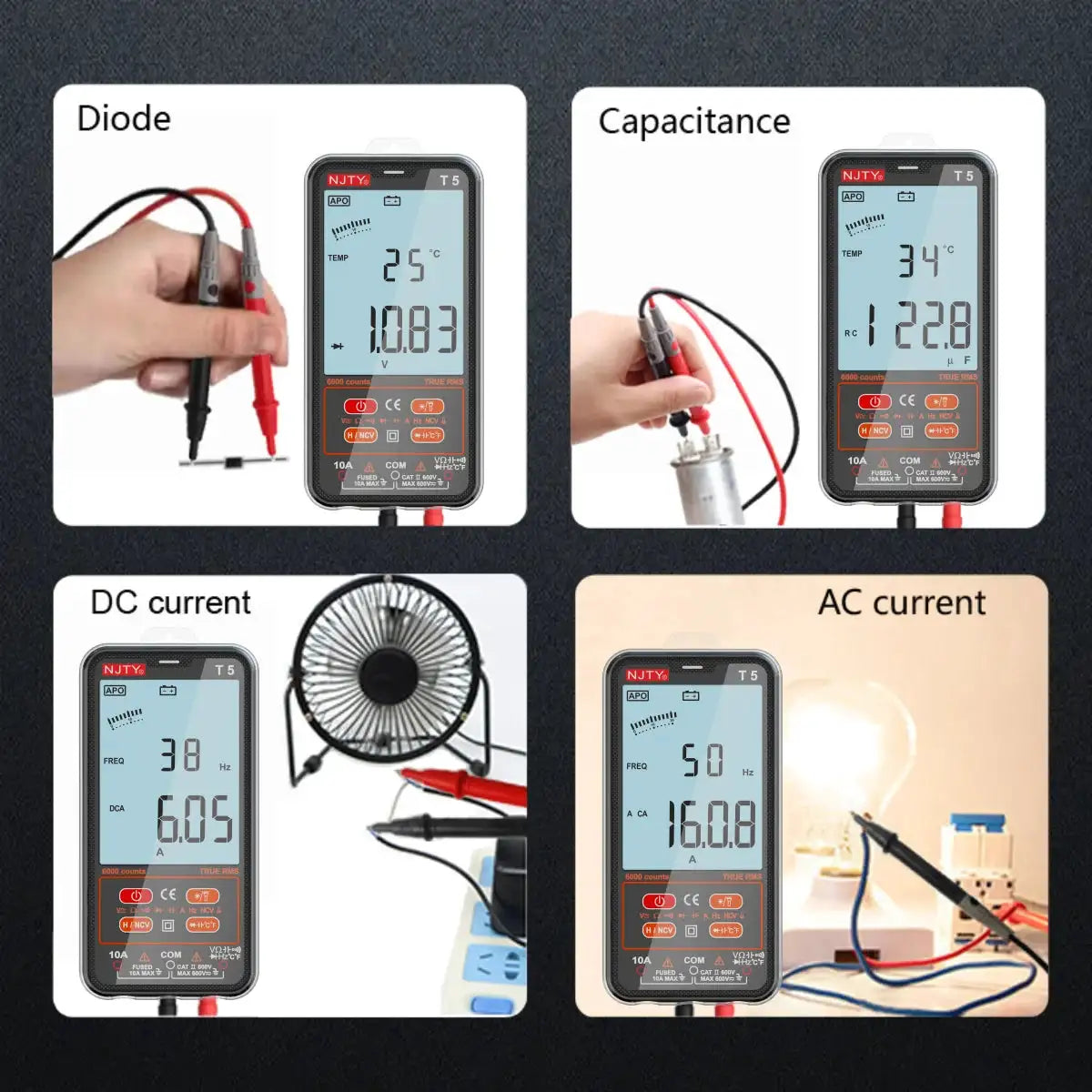 NJTY T5 TRMS Smart Digital Multimeter 6000 Counts Auto Electrical Tools Capacitance Meter Voltage Current Resistance TEMPERATURE
