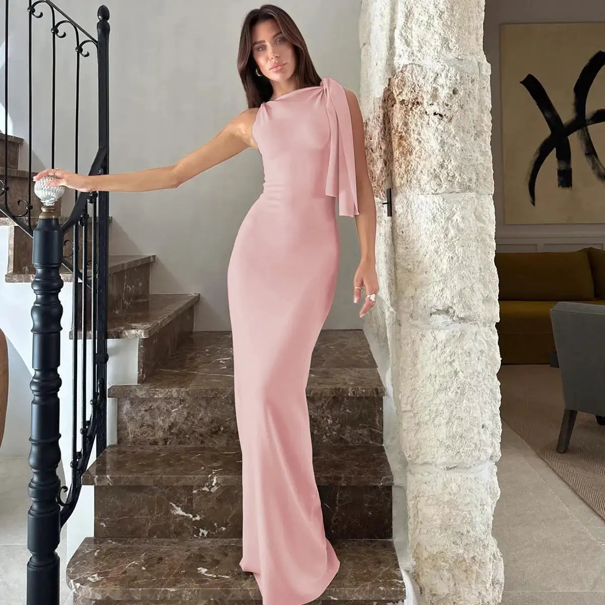 Hugcitar Solid O Neck Sleeveless Patchwork Bodycon Maxi Dresses — product view 16