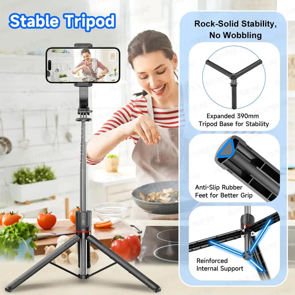 F15 Selfie Stick Tripod with Bluetooth Remote, 6-Section Extendable Pole, 360° Rotation, Fill Light Option, for Phone Vlog