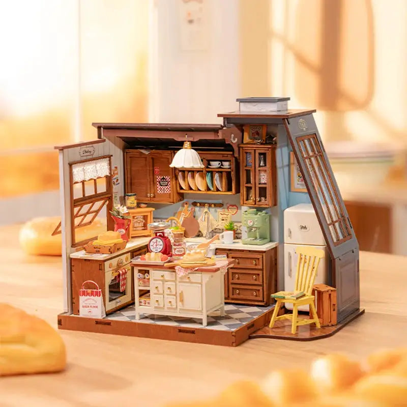 Robotime Baking Kitchen DIY Miniature Dollhouse Kit Crafts Hobbies Amazing Gift 3D Puzzle Mini House Building Kit Book Nook
