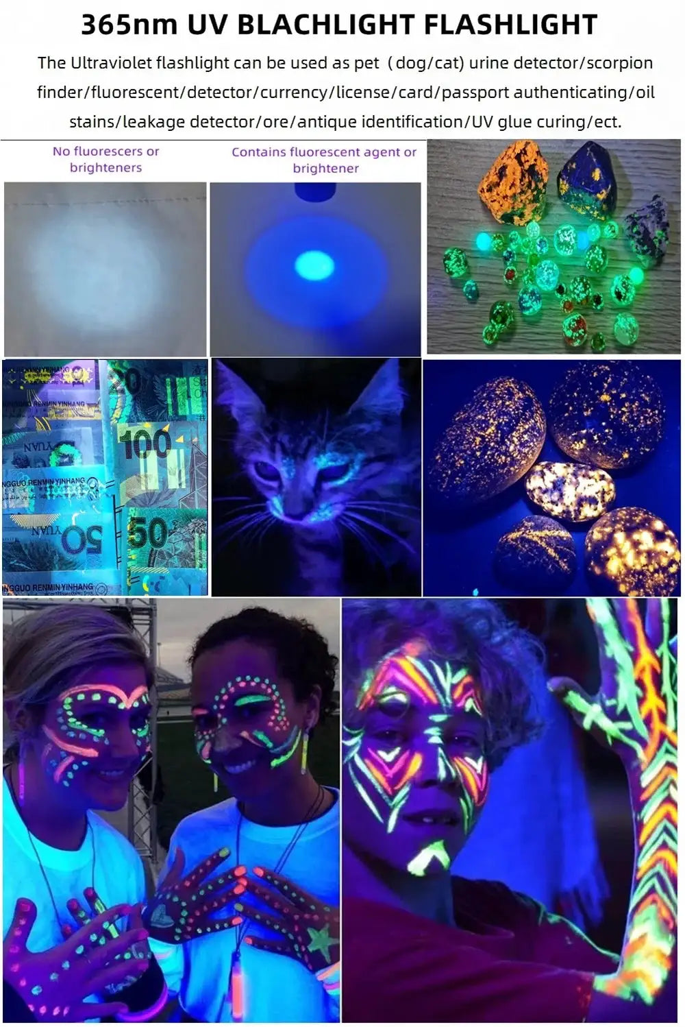365/395nm Uv Flashlight Blacklight Mini Ultraviolet Torch Money Ore Pet Urine Invisible Ink Marker Stain Scorpion Detector Lamp