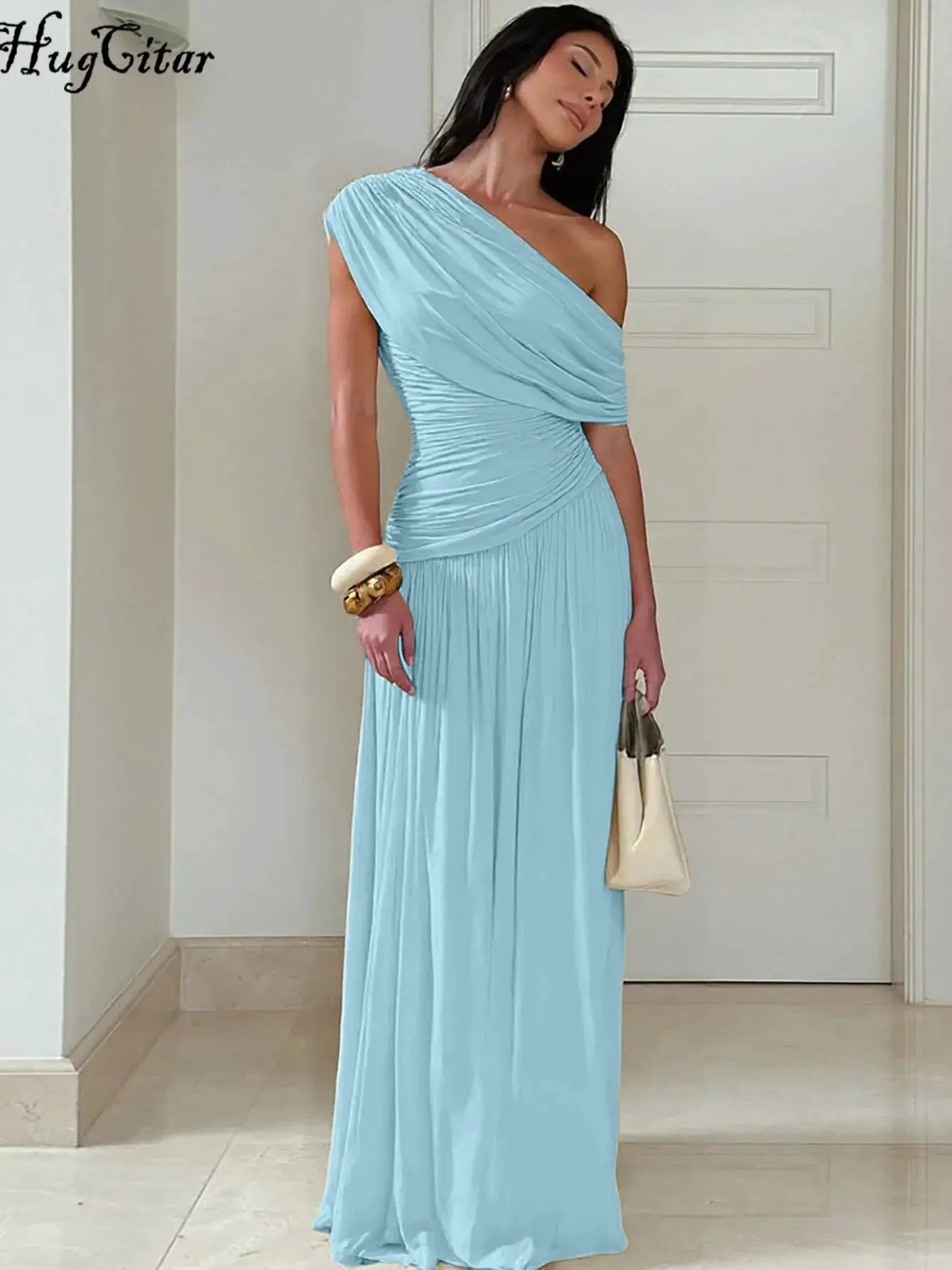 Hugcitar One Shoulder Ruched Sleeveless Solid Pleated Sexy Irregular Y2K Maxi Dress Summer Elegant Party Women Clothes Vacation