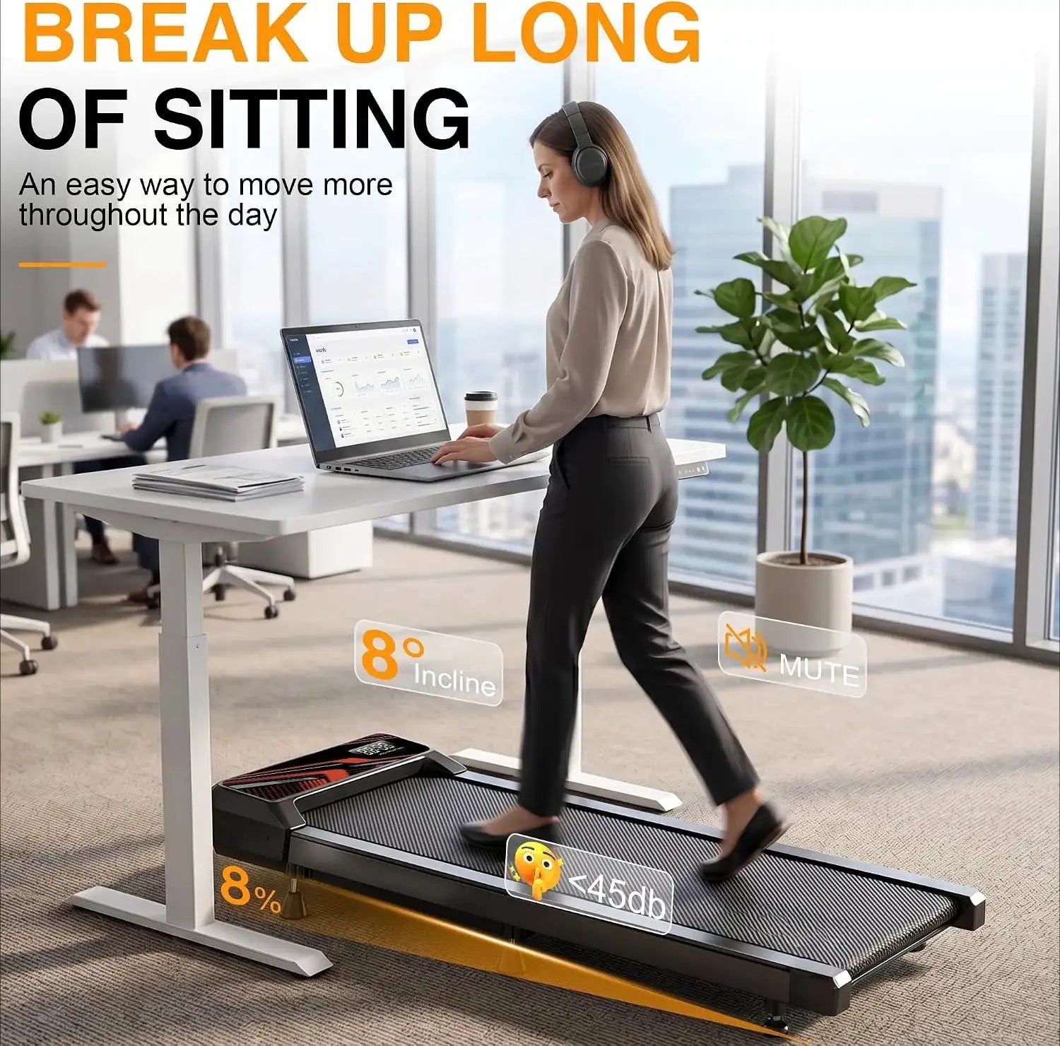 2.5HP Sloped Under-Desk Walking Pad Mat, Compact Portable Electric Treadmill for Home Indoor Gym Fitness Training