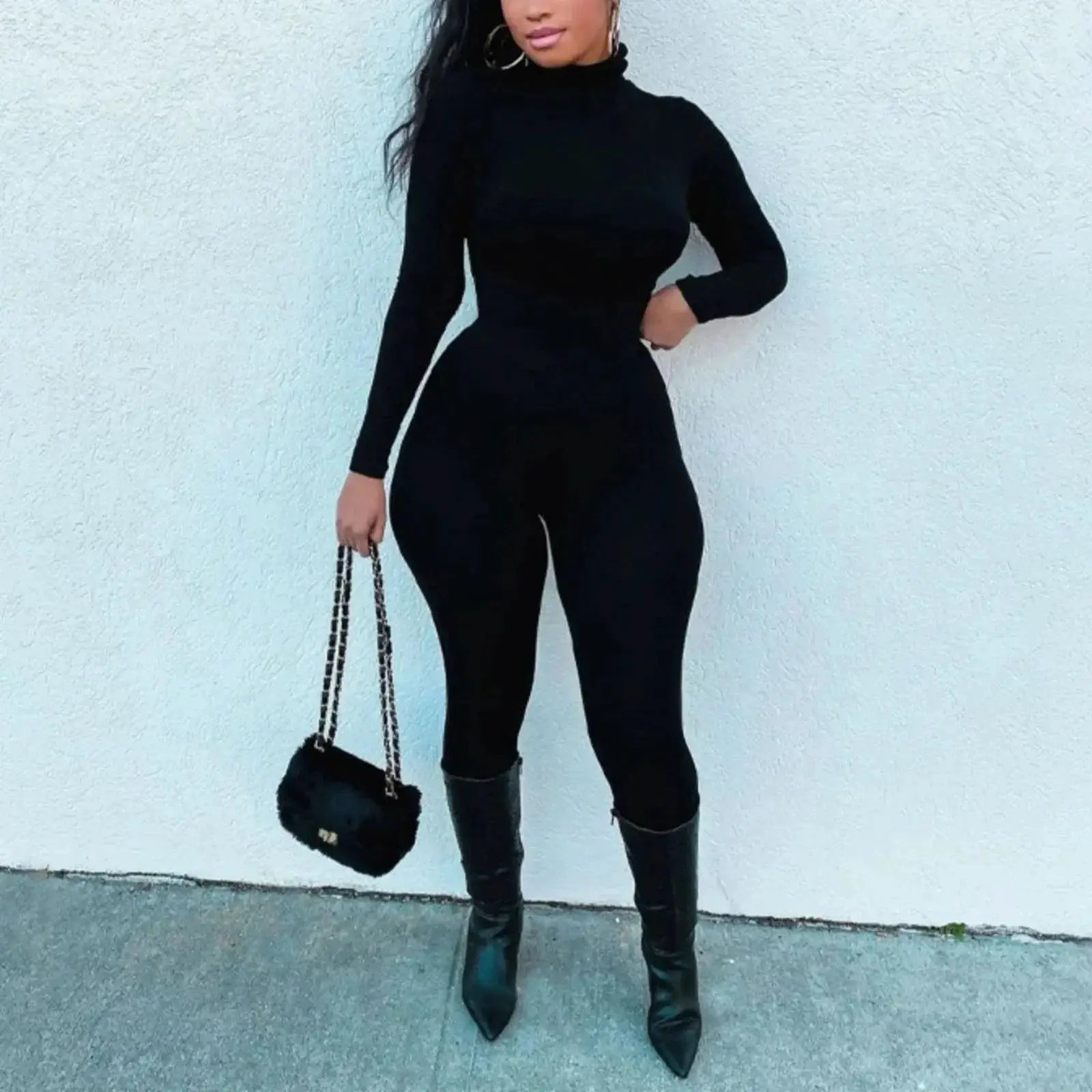 Sleek Black Turtleneck Jumpsuit Chic Winter Bodysuit Style