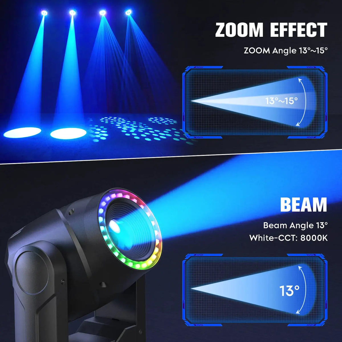 U'King 120W Focusing Moving Head Light DMX Stage Light with Halo Strip 7Gobos 7Colors 3Prisms RGBW LED Spotlight for DJ Disco