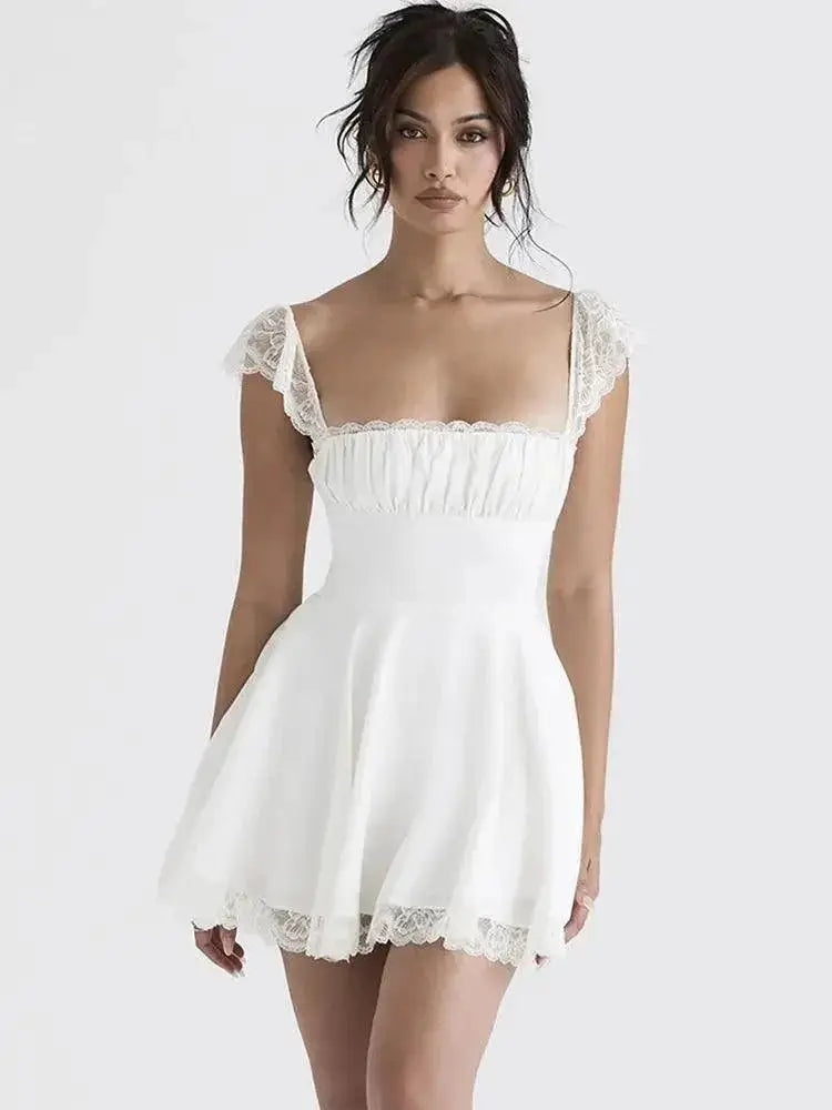 Elegant White Lace Mini Dress Sleeveless Backless Summer