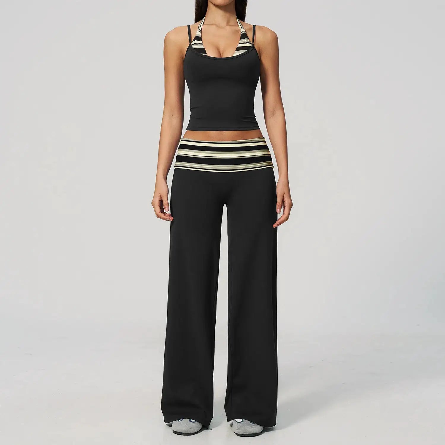 Women's 2 Piece Yoga Set Halter Neck Crop Top Fold Over Waist Wide Legged Flare Trousers Polka Dot Striped Gym Workout Running