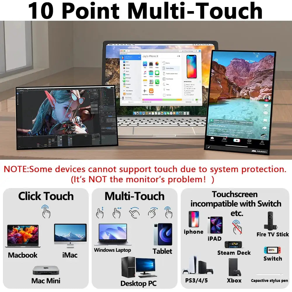 13.3'' Portable Touch Screen Monitor Display 1920*1200 16:10 IPS Panel 100% SRGB Extend Monitor For Mobile Phone Gaming TV Box