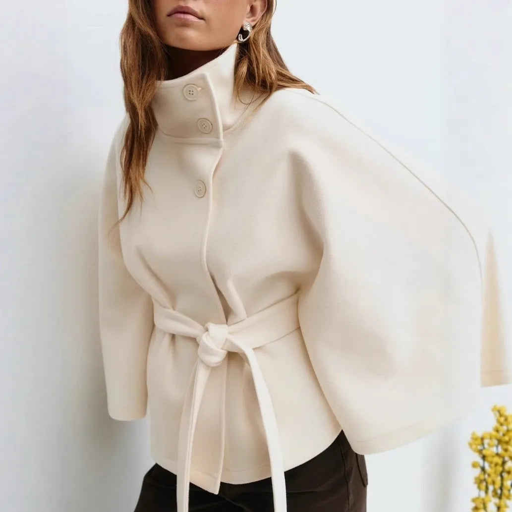 Belted Stand Collar Cape Coat