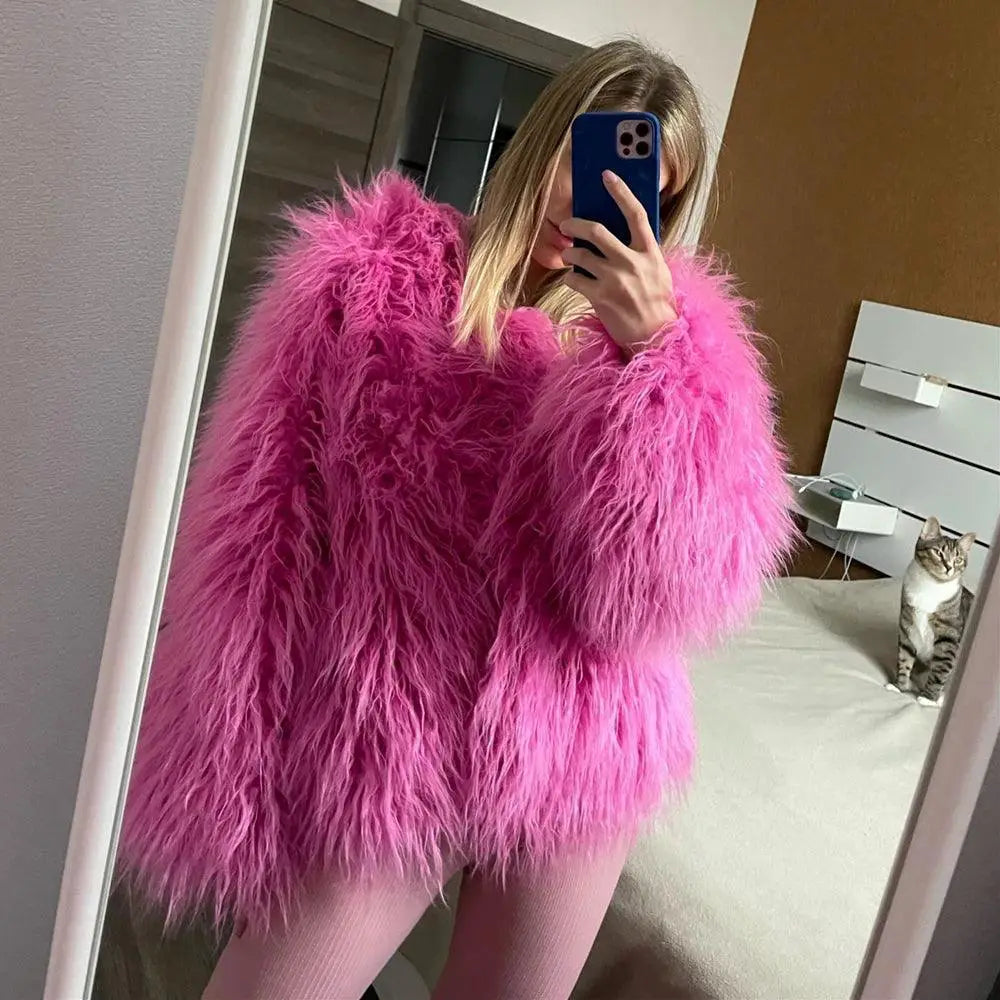 Pink Faux Fur Jacket Elegant Blush Winter Coat For Women