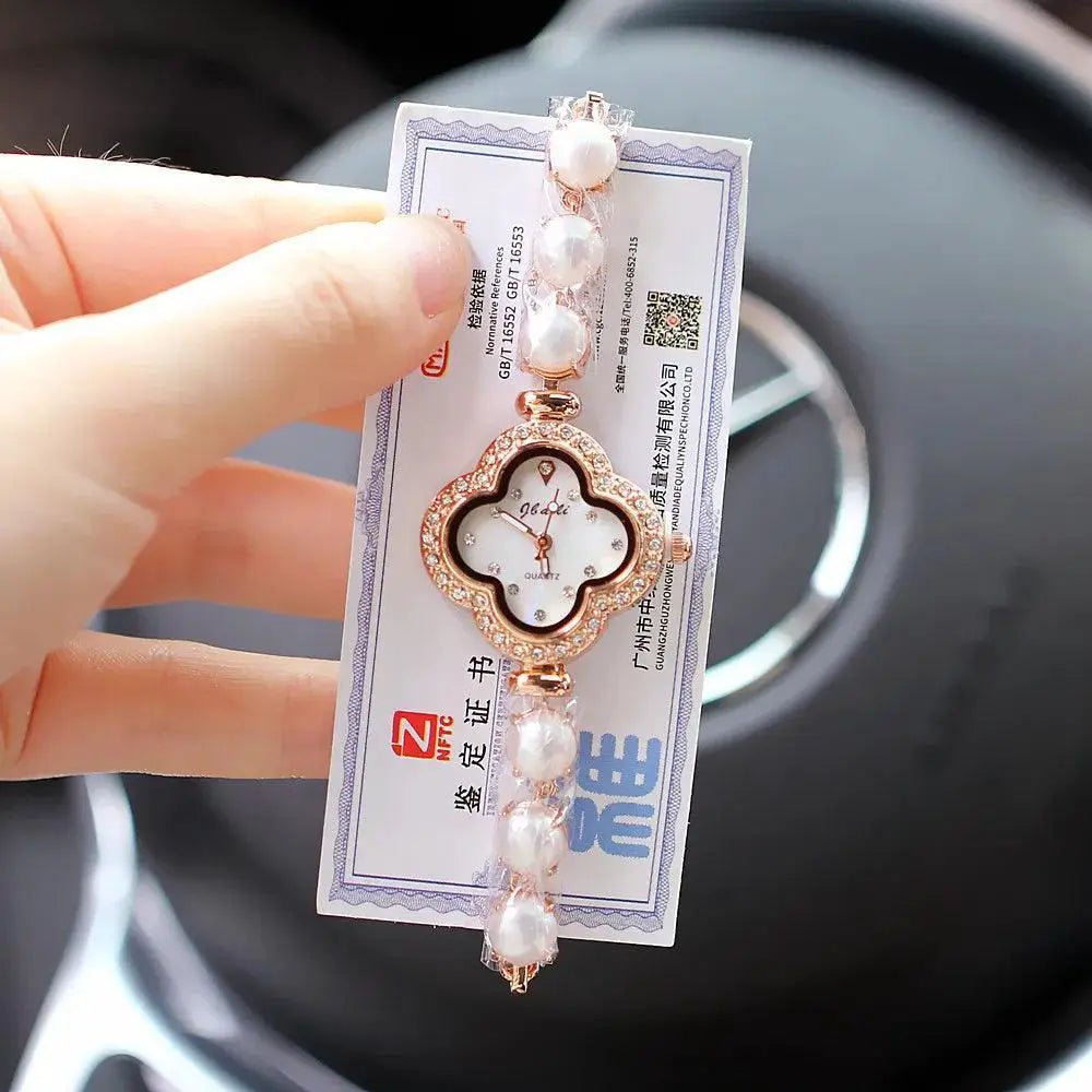 Luxury Womens Watch Elegant Diamond Pearl Clover Timepiece