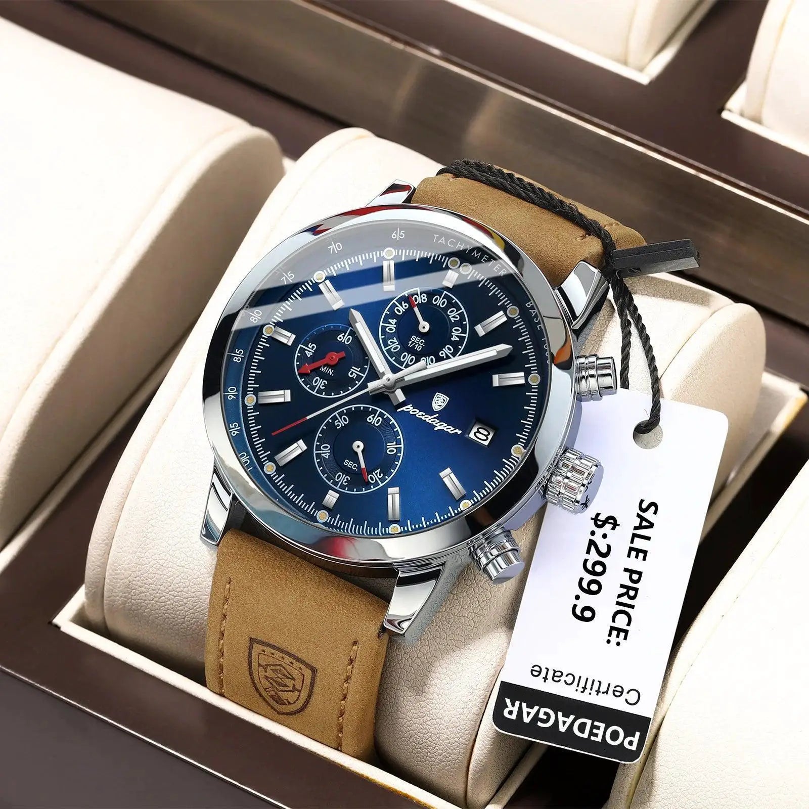 Poedagar Chronograph Watch Men's Waterproof Leather Strap