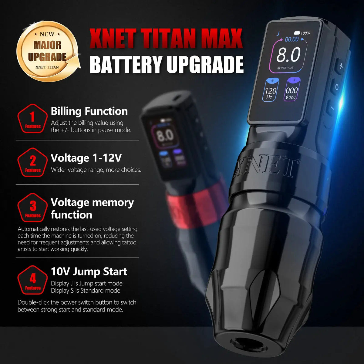XNET Titan Max Professional Wireless Tattoo Machine Coreless Motor 2400 Multi-Function Touchscreen Battery 1-12V for Tattoo Art