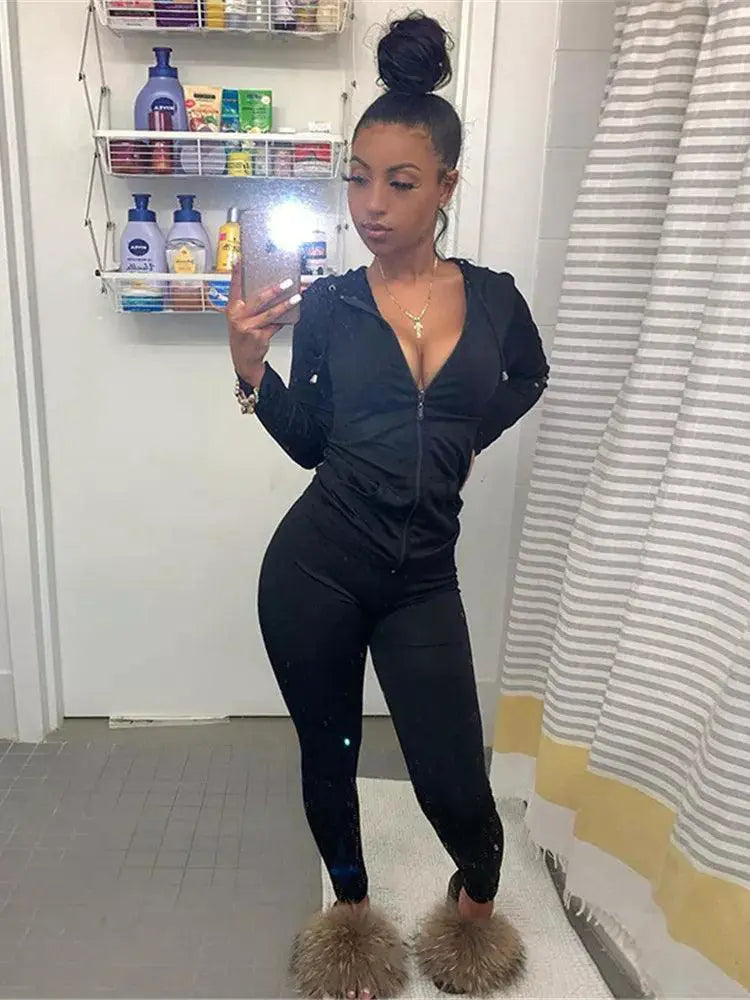 Autumn Streetwear Hooded Jacket Leggings Set for Women