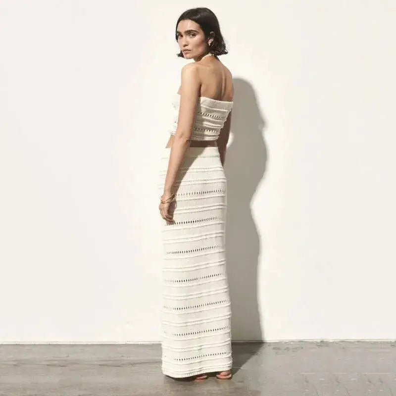Summer Beach Chic Backless Two Piece Set Crop Top Skirt