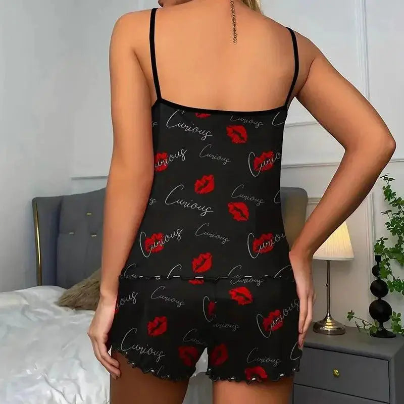 Lip Print Ice Silk Pajama Set Chic Camisole And Shorts
