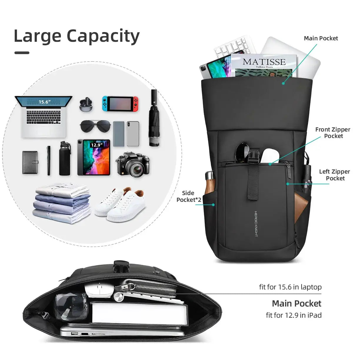 Heroic Knight Men's Travel Backpack Roll Top Casual Hiking Backpack Waterproof Outdoor Backpack Large Capacity Weekend Schoolbag