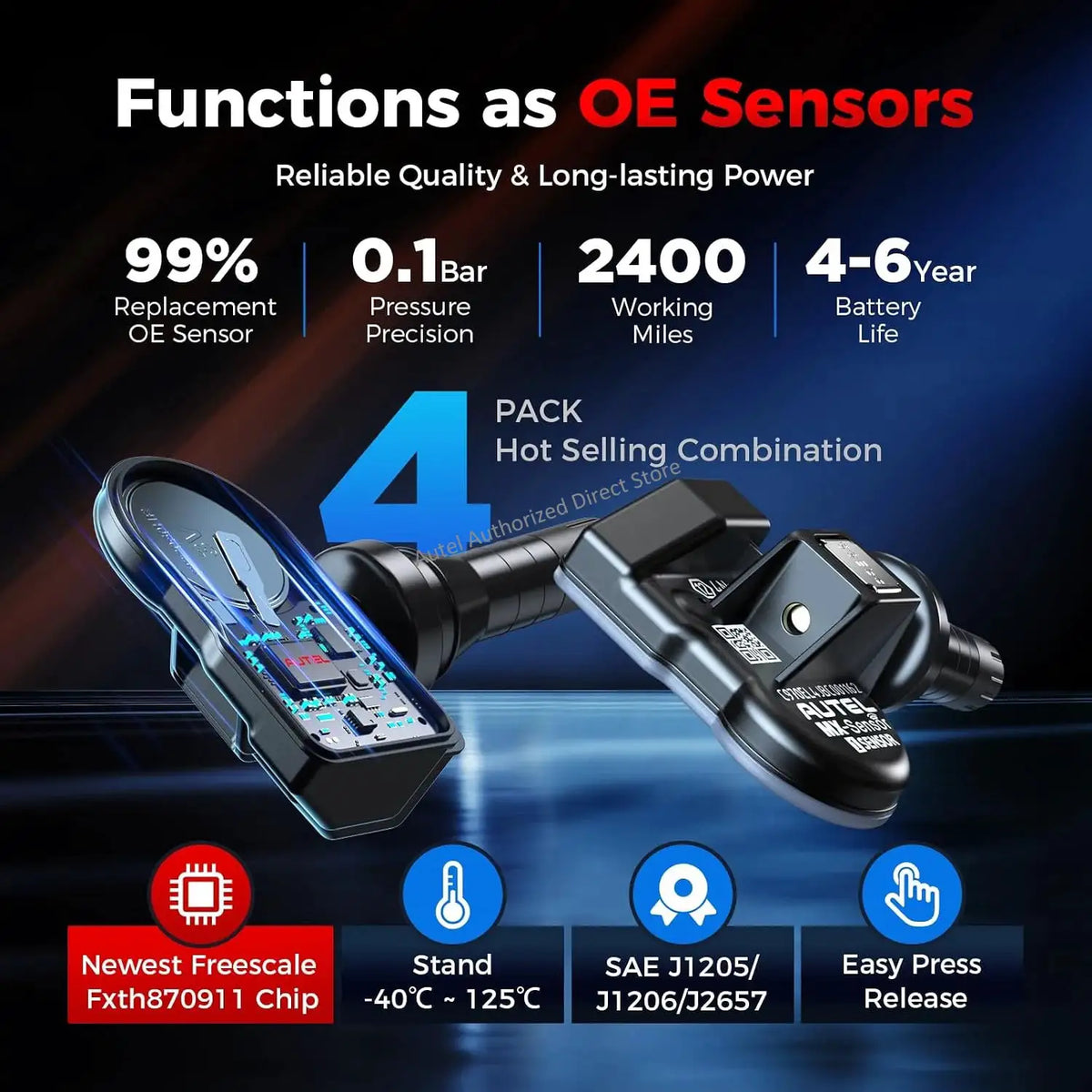 Autel MX-Sensor TPMS Sensors 2in1 315MHz + 433MHz Frequencies Press-in Tire Replacement Autel Sensor Work with TS501 Pro TS508WF