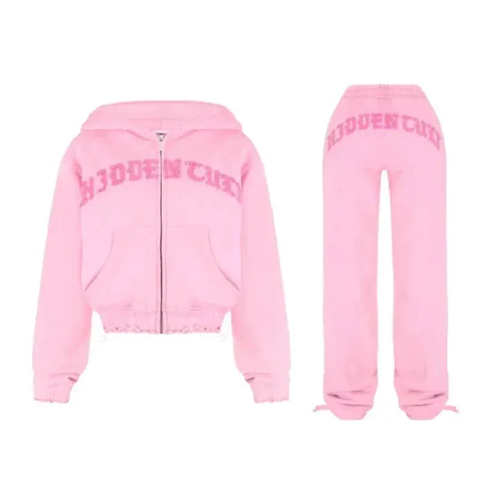 Womens Y2K Aesthetic Zipper Letter Splicing Hoodie Set