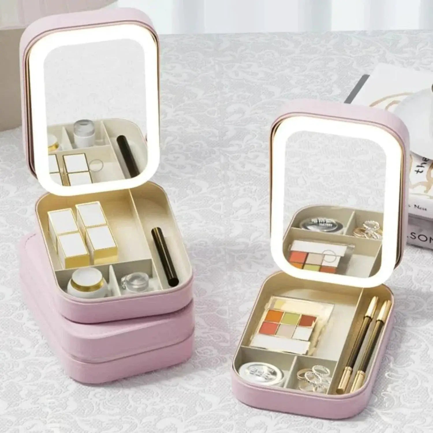 White Portable Travel Makeup Bag With LED Mirror Compact