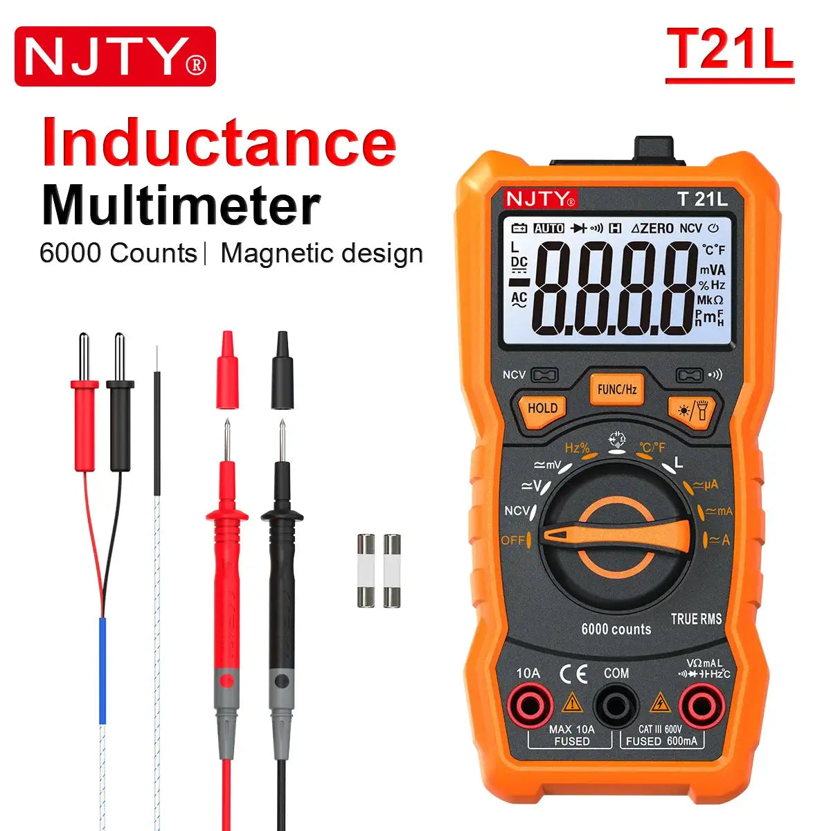 NJTY T21L Inductance Digital Multimeter 600μH-60H Range Duty Cycle 0.1-99% Temp DC AC Amp Voltage Resistance Capacitance NCV Hz