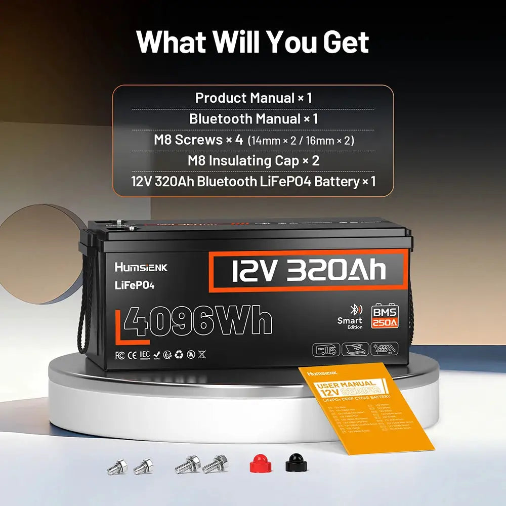 Humsienk 12V 320Ah LiFePO4 Battery 250A BMS With Bluetooth Rechargeable Lithium Battery For RV/Golf Cart/Camp MAX 65.5KWh
