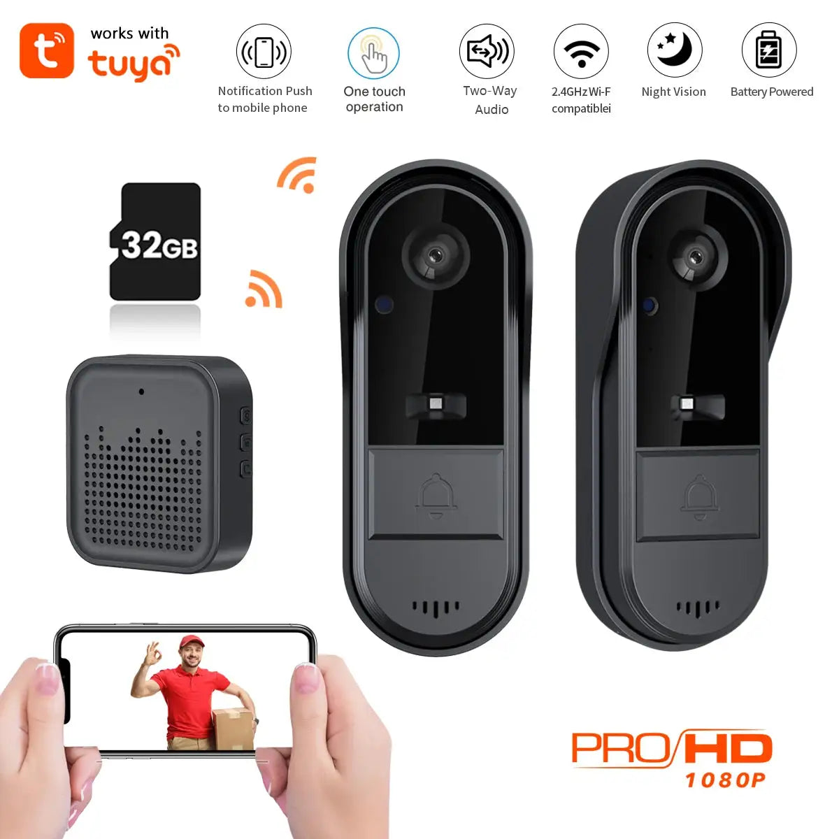 XBIBI Tuya WiFi doorbell, Smart Video Doorbell Camera, 2-way Intercom, Night Vision, microSD/cloud, waterproof, long standby, Wireless Security Camera, Rechargeable Battery