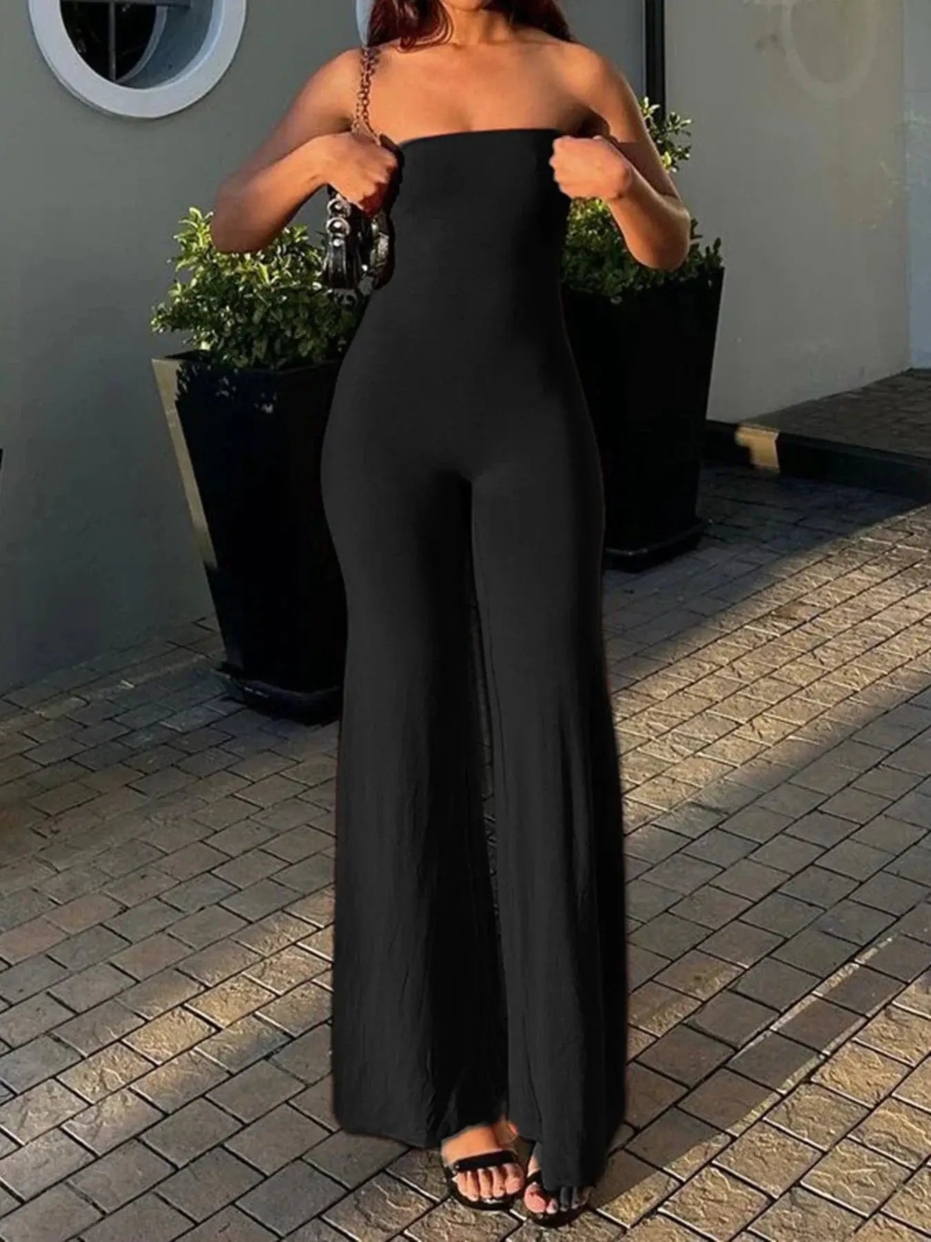 Sweetown Black Strapless Elegant Long Jumpsuits For Women - OurLum.com