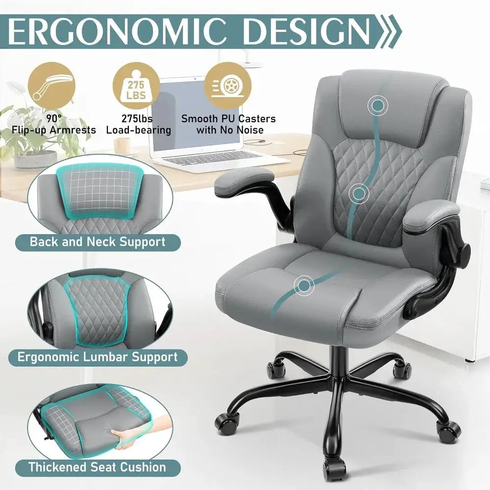Ergonomic PU Leather Office Chair with Adjustable Armrests, 360 Swivel, Lumbar Support, Wheels, Grey