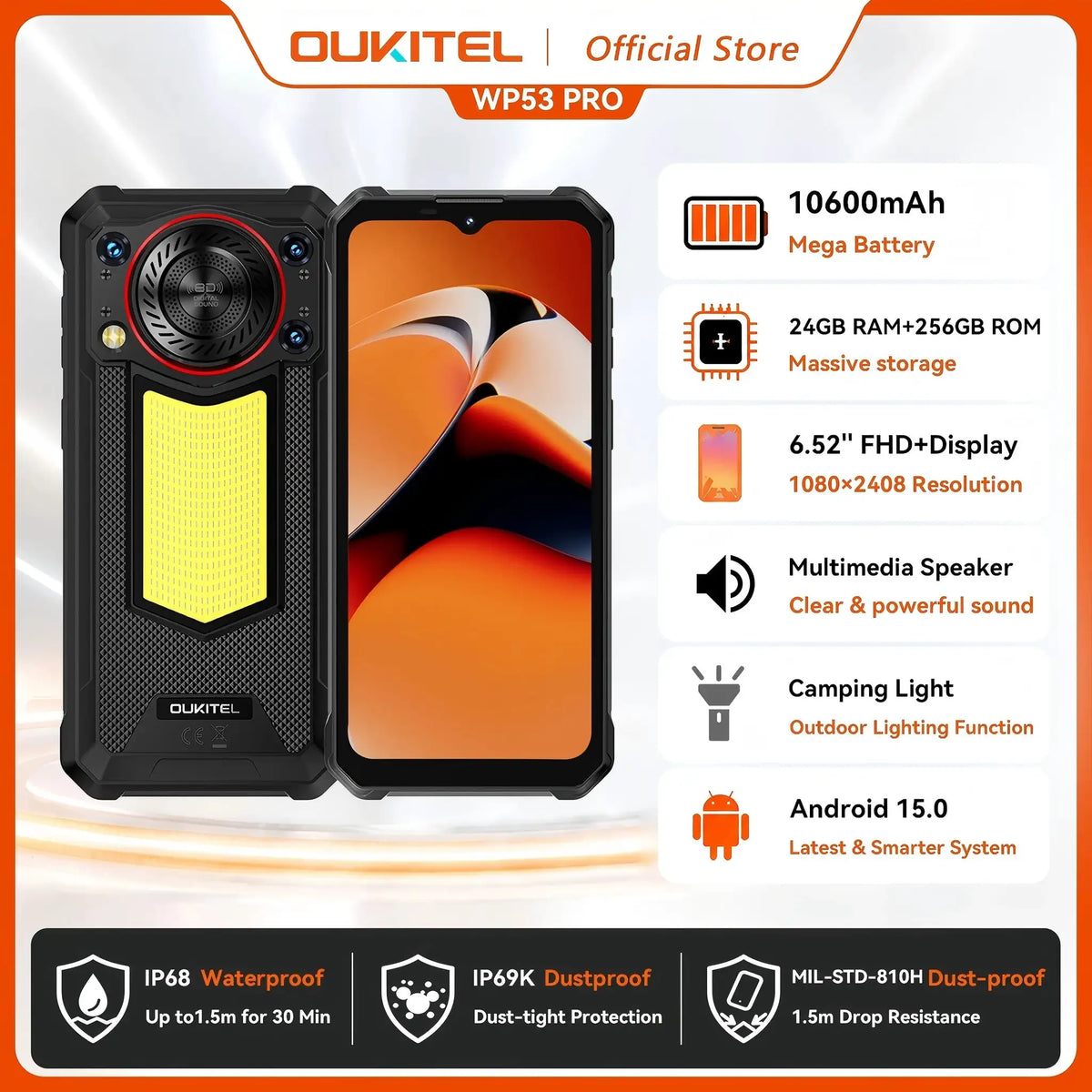 OUKITEL WP53 Rugged Phone 24GB+128GB 11000mAh Battery Android 15 Smartphone 6.52" HD+ Display 128dB Loudspeaker 13MP Camera IP68