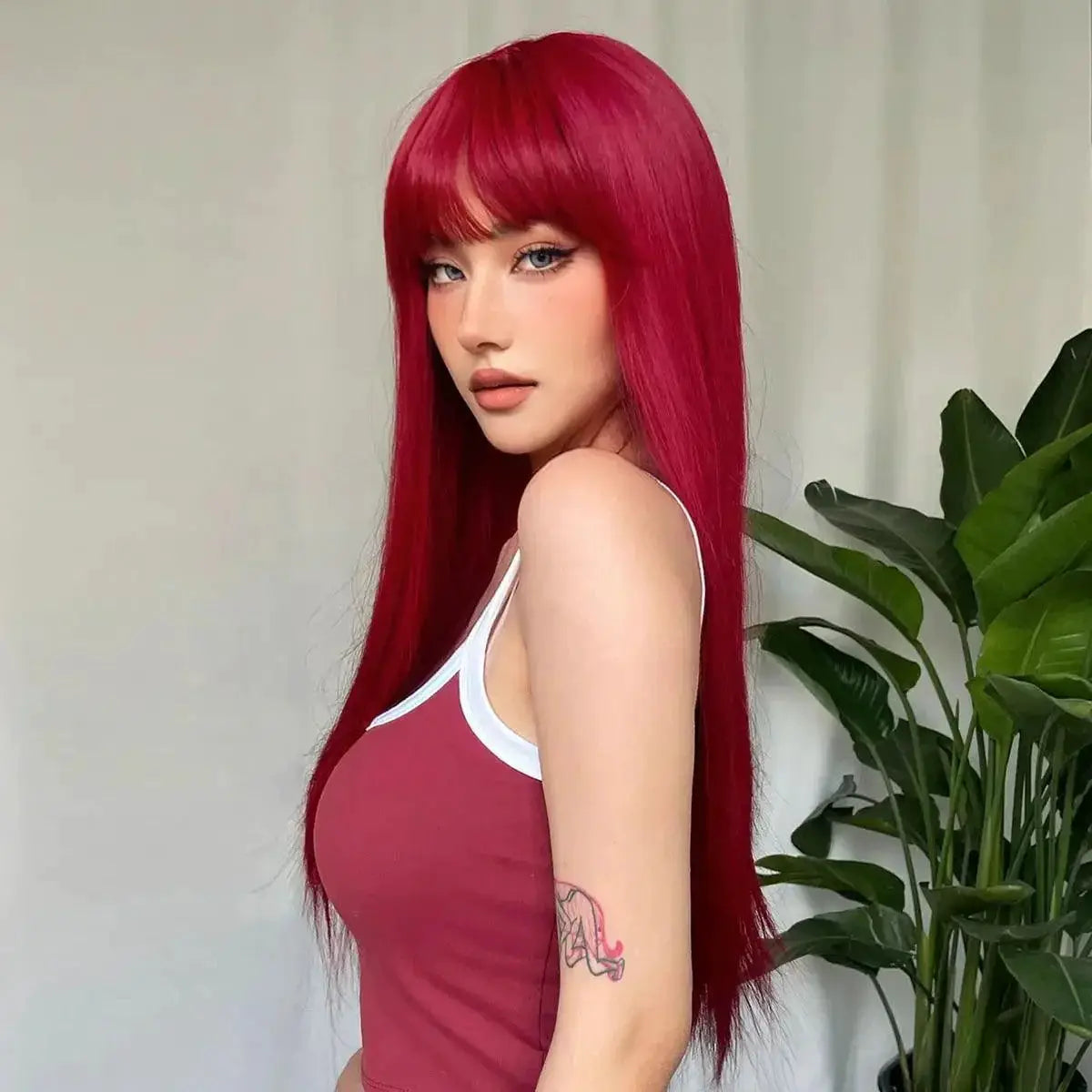 Wine Red Cosplay Wig Long Straight Hair Heat Resistant