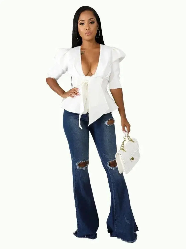 Chic Bowtie Peplum Blouse For Elegant Clubwear Party