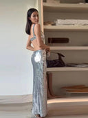 Sparkling Silver Maxi Dress Elegant Backless Evening Gown