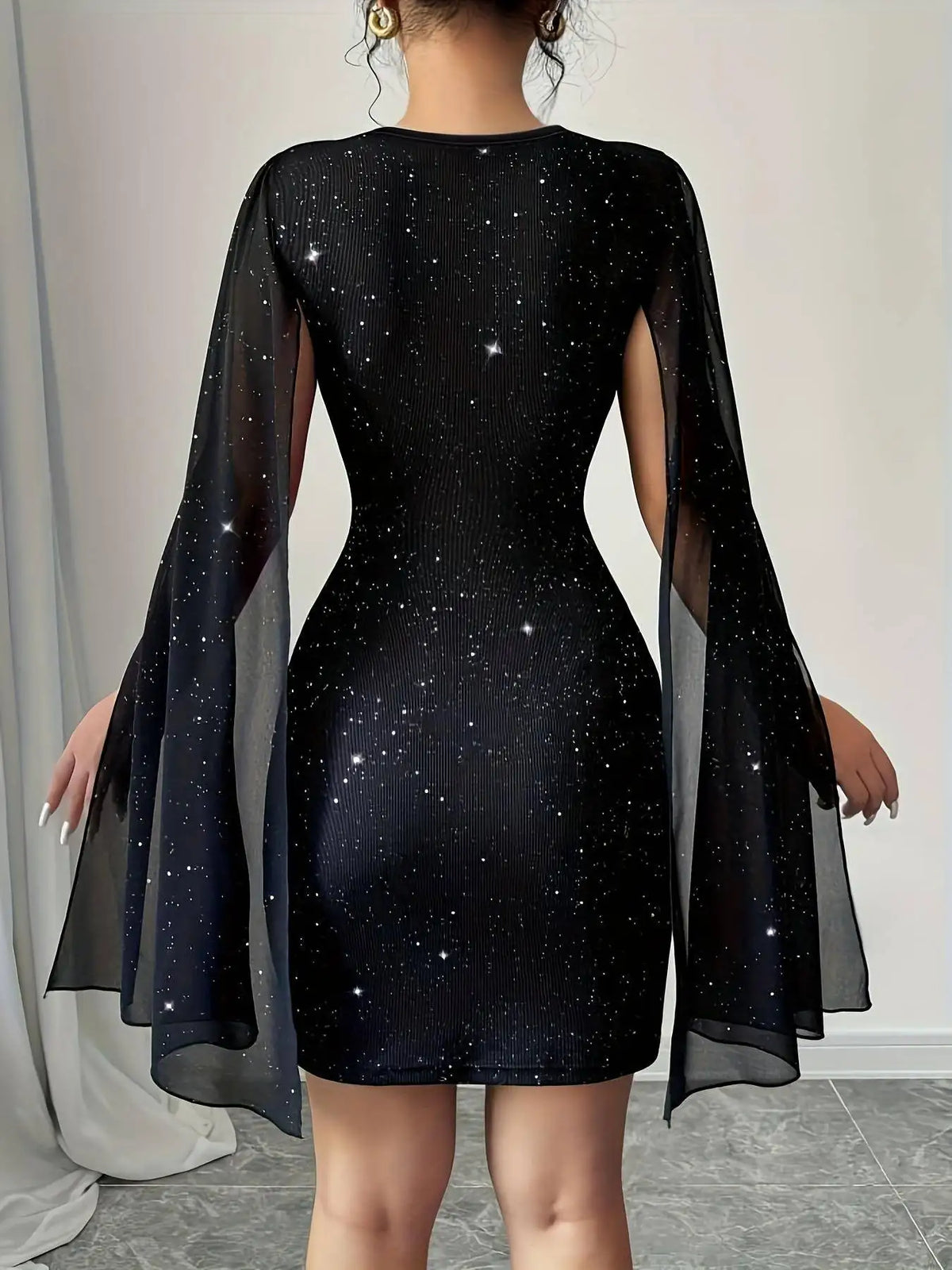 Sheer Cape Glitter Cocktail Dress