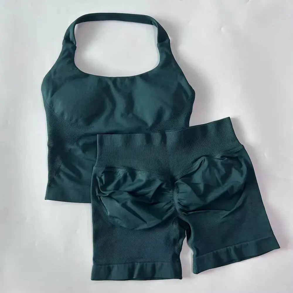 No Logo 2 Pieces Gym Set Women Backless Halter Tops High Waist Seamless Shorts Gym Suit Fitness Clothes Sportswear Workout Sets