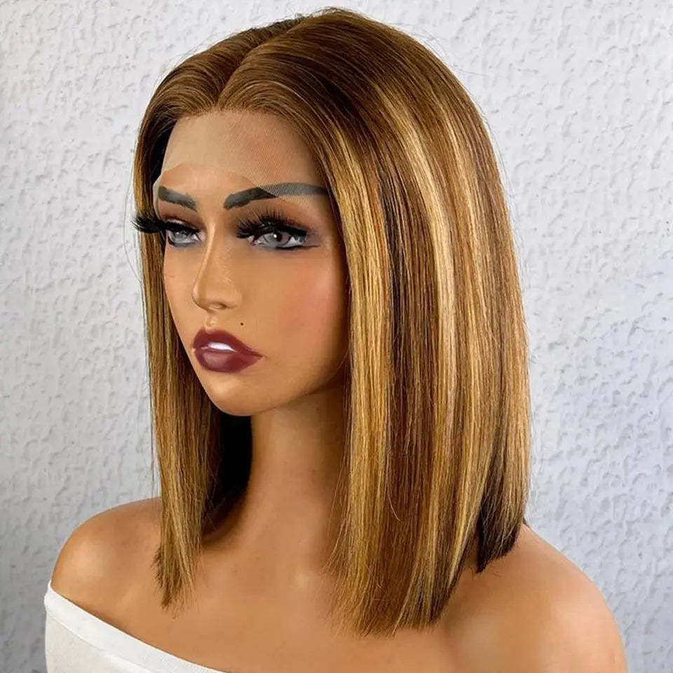 Chic Reddish Brown Bob Wig Peruvian Straight Hair 12 Inch