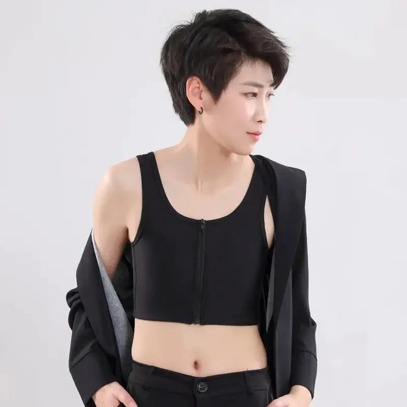 Chest Binder Trans Crop Top With Bandage Zipper Bra Tank