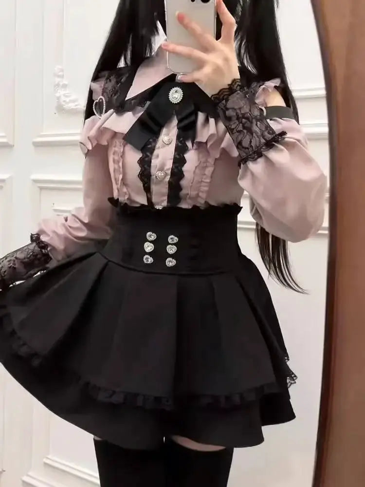 Japanese Gothic Style Striped Bow Lolita Dress Women Lace Slim Bandage Shirt Dresses Y2k Aesthetics Party Mini Dresses Design