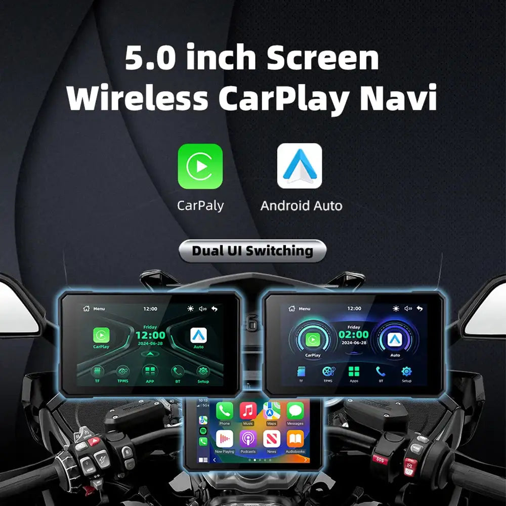 EKIY 5.0 inch Wireless CarPlay Moto Android Auto Motorcycle Dashboard Display Screen Portable Digital GPS Moto Navigation TPMS