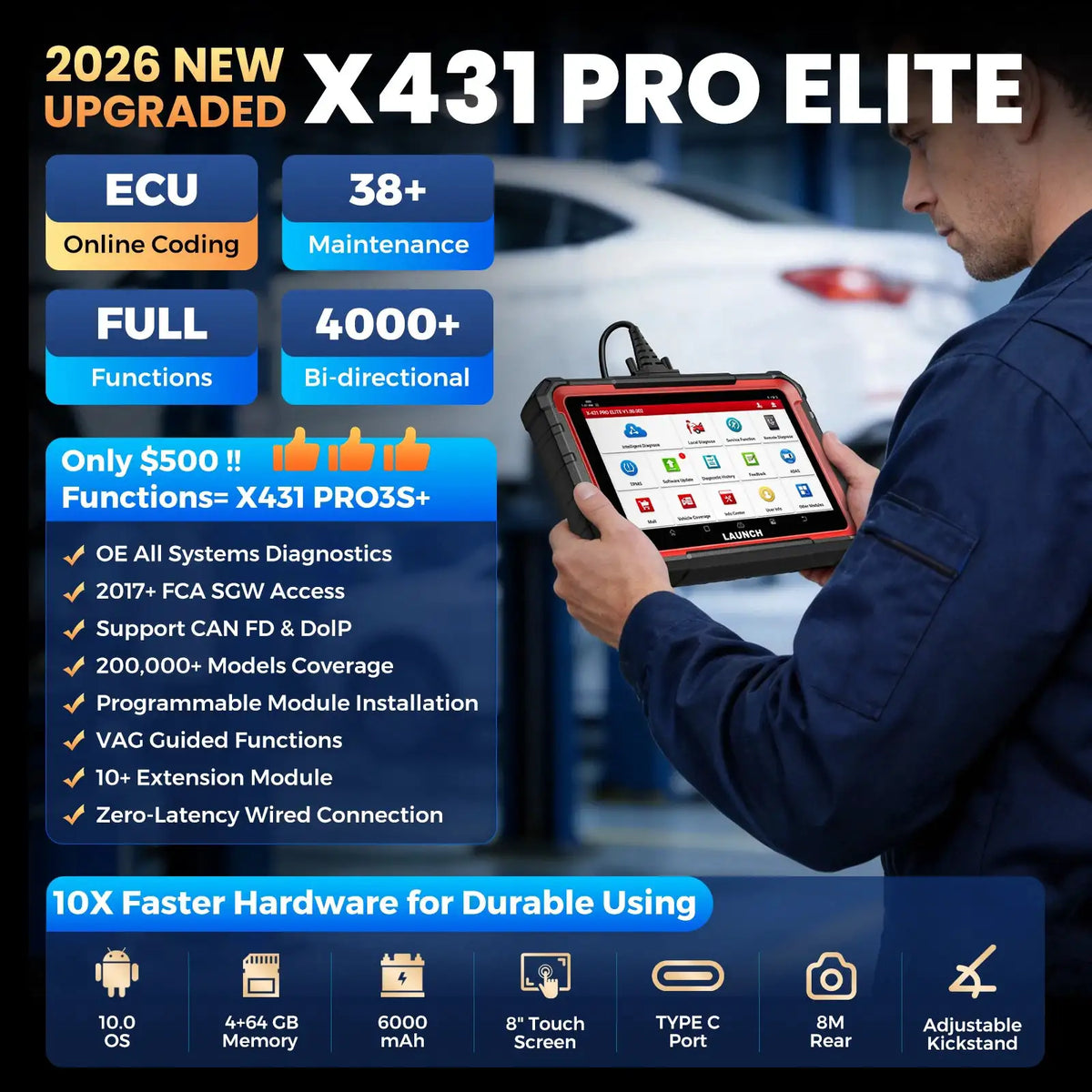 LAUNCH X431 PRO ELITE 8 inch Car Diagnostic Tools Auto OBD OBD2 Scanner All System CAN FD/DOIP Active Test 35 Reset ECU Coding