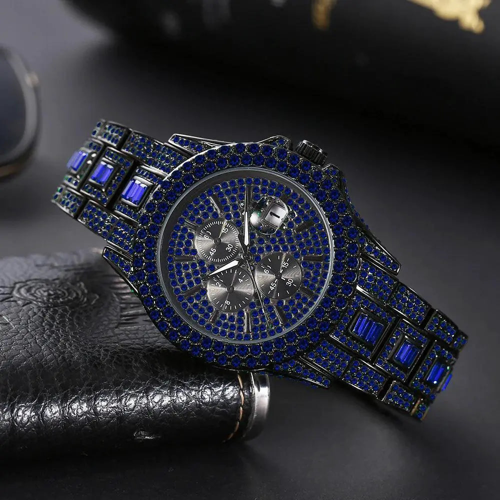 Blue Diamond Watch Hip Hop Fashion Timepiece Luxury