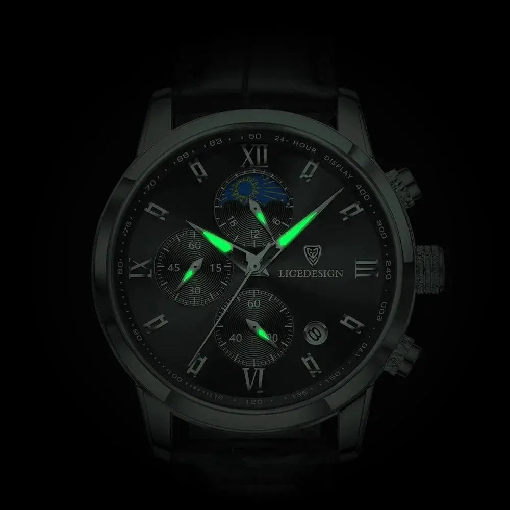 Lige Chronograph Leather Watch for Men Japanese Quartz