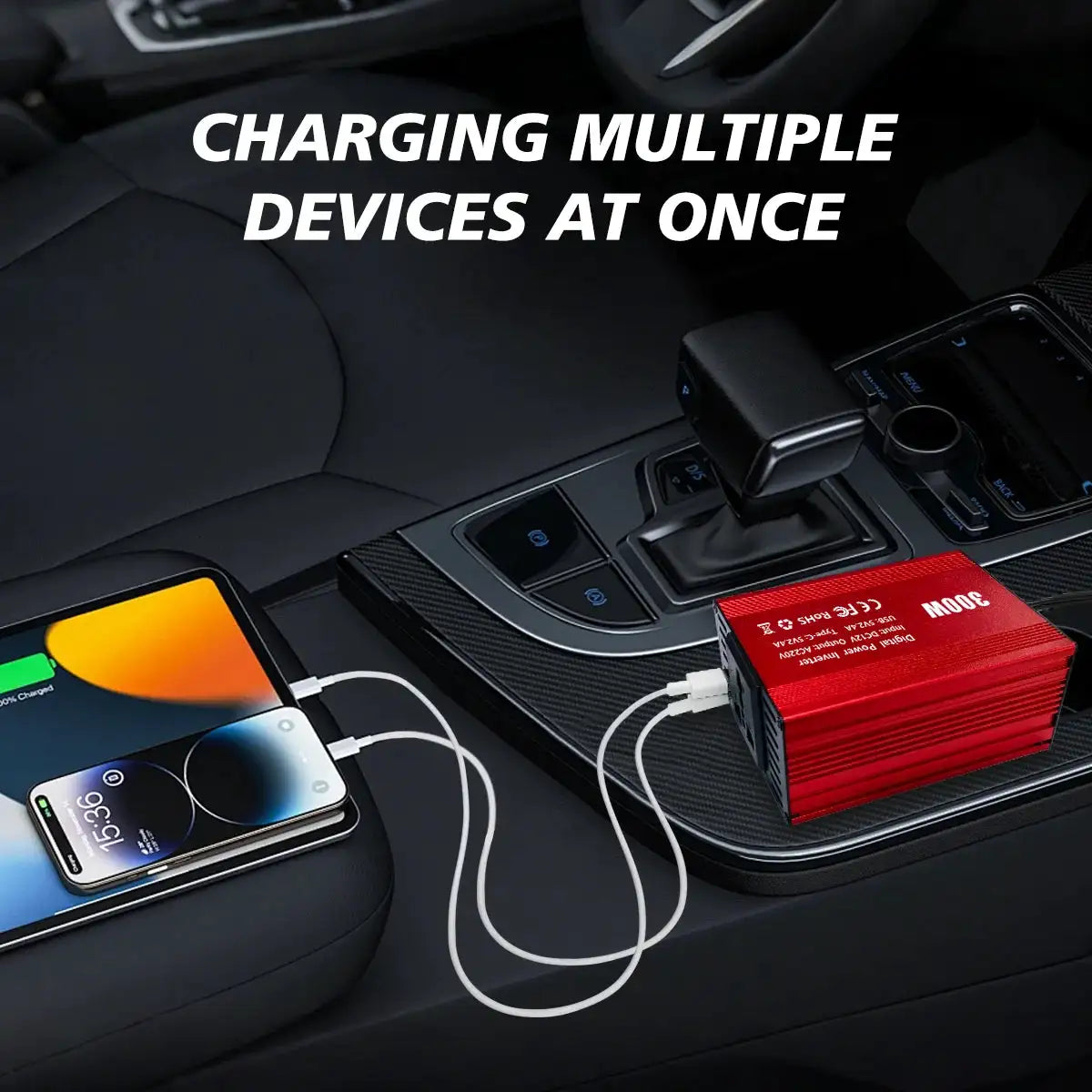 Car Power Inverter 300W Pure Sine Wave EU Socket DC12V to AC 220V 50hz, 5V 2.4A USB Port Fast Charging Voltage Adapter