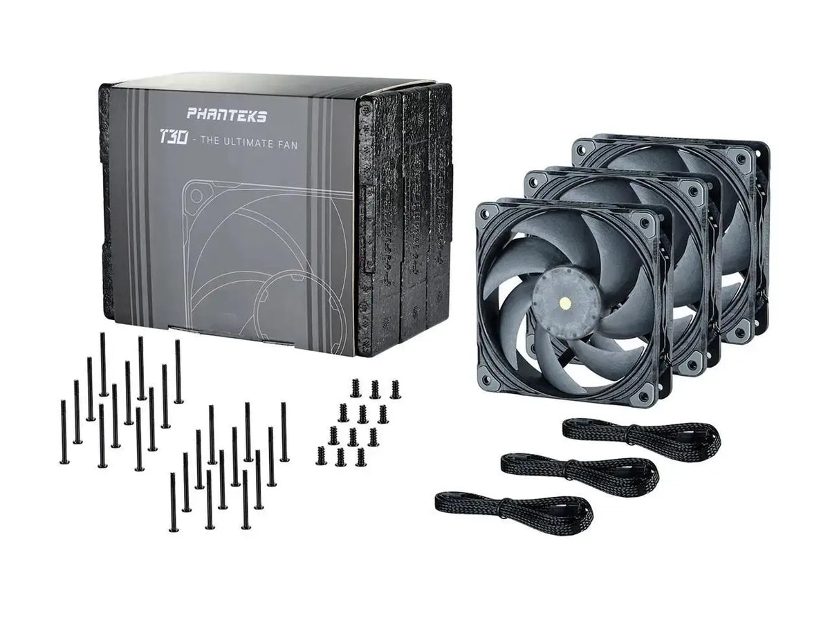Phanteks T30-120 Fan Triple-Pack, premium high-performance fan, excellent sound quality, 4-pin PWM, multiple fan RPM modes, Black/Grey