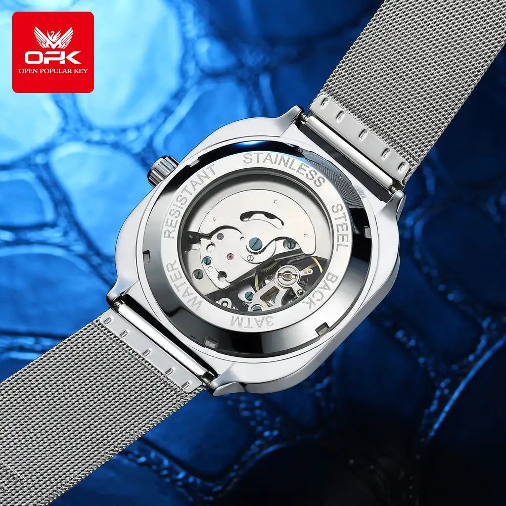 OPK 8173 Hollow Men's Watch Classic Luminous Waterproof Mesh Steel Strap Automatic Mechanical Wristwatch for Man Original