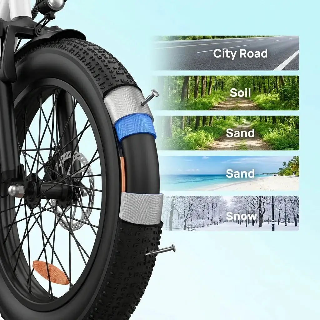 F66 20x3 Fat Tire Electric Bike with 500W Motor 48V 13Ah Removable Battery 80Miles Range Hydraulic Disc Brakes Full Suspension 7 Speed Gears Perfect for Scenic Weekend Camping Daily Commuting and Off Road Adventures